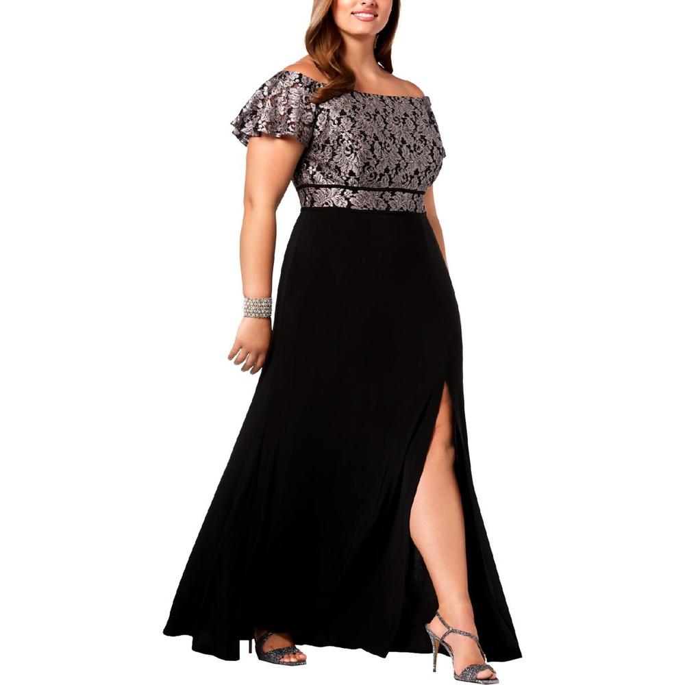 NW Nightway Womens Black Lace Side Slit Evening Dress Gown Plus NWT